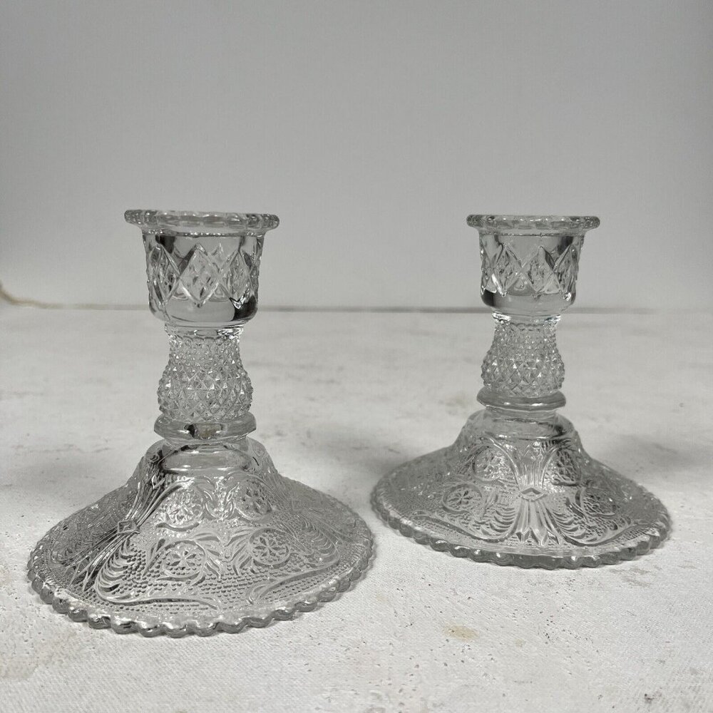 2 Vintage Duncan Miller Sandwich Glass‎ Clear Crystal Taper Candlesticks